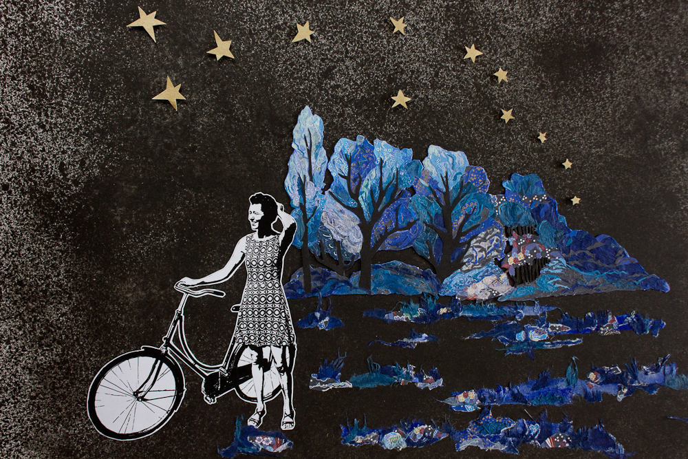 A black and white photo of Moniek standing next to her bicycle. Against a black speckled background giving a feeling of night there are trees in the horizon. Trees are made of pieces of origami paper in different shades of blue. There are 12 golden stars in the sky. Moniek is facing the left margin and away from the trees and shrubbery..