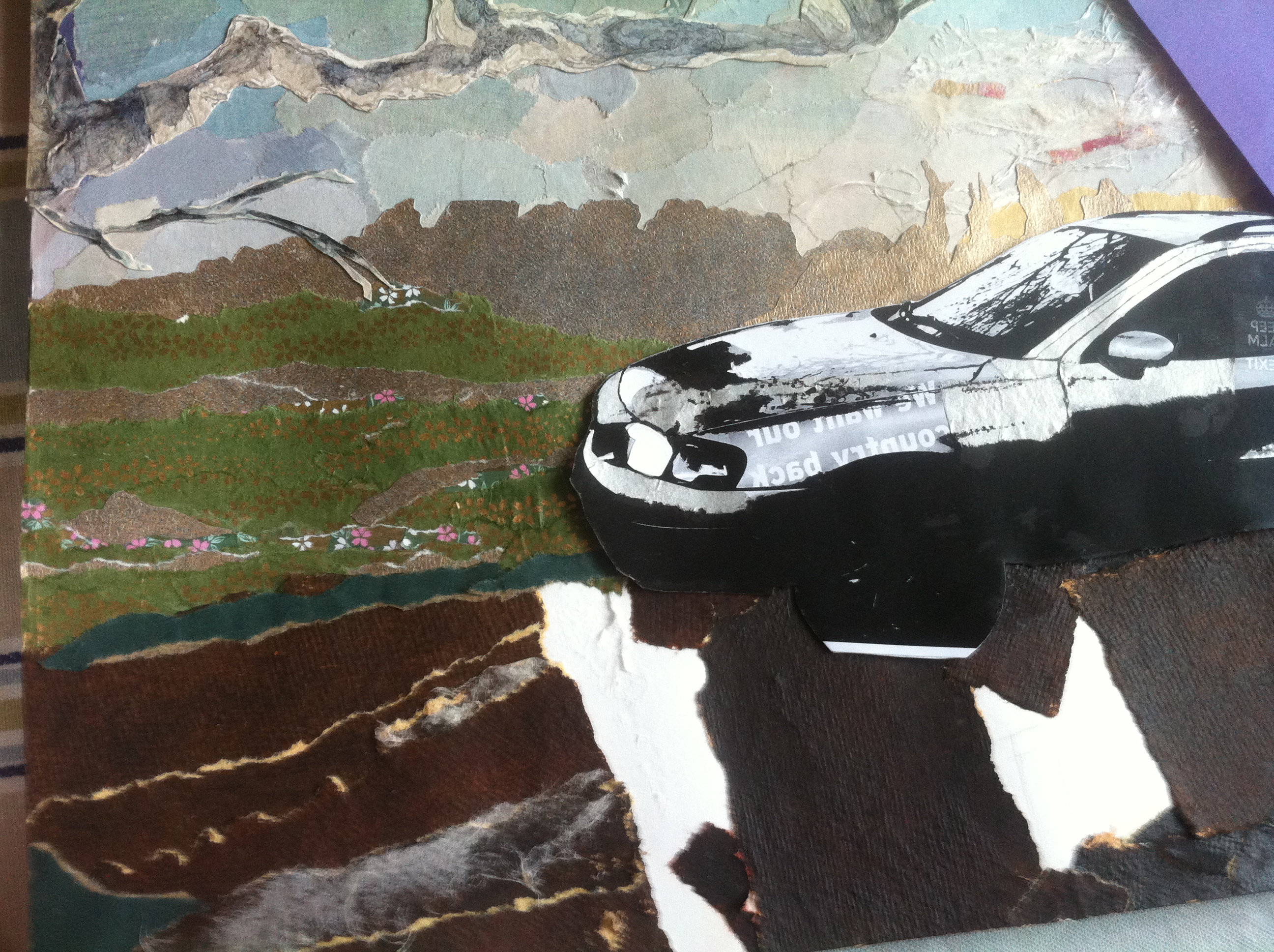 Detail of a collage showing a car against a background of countryside made out of origami and wall papers